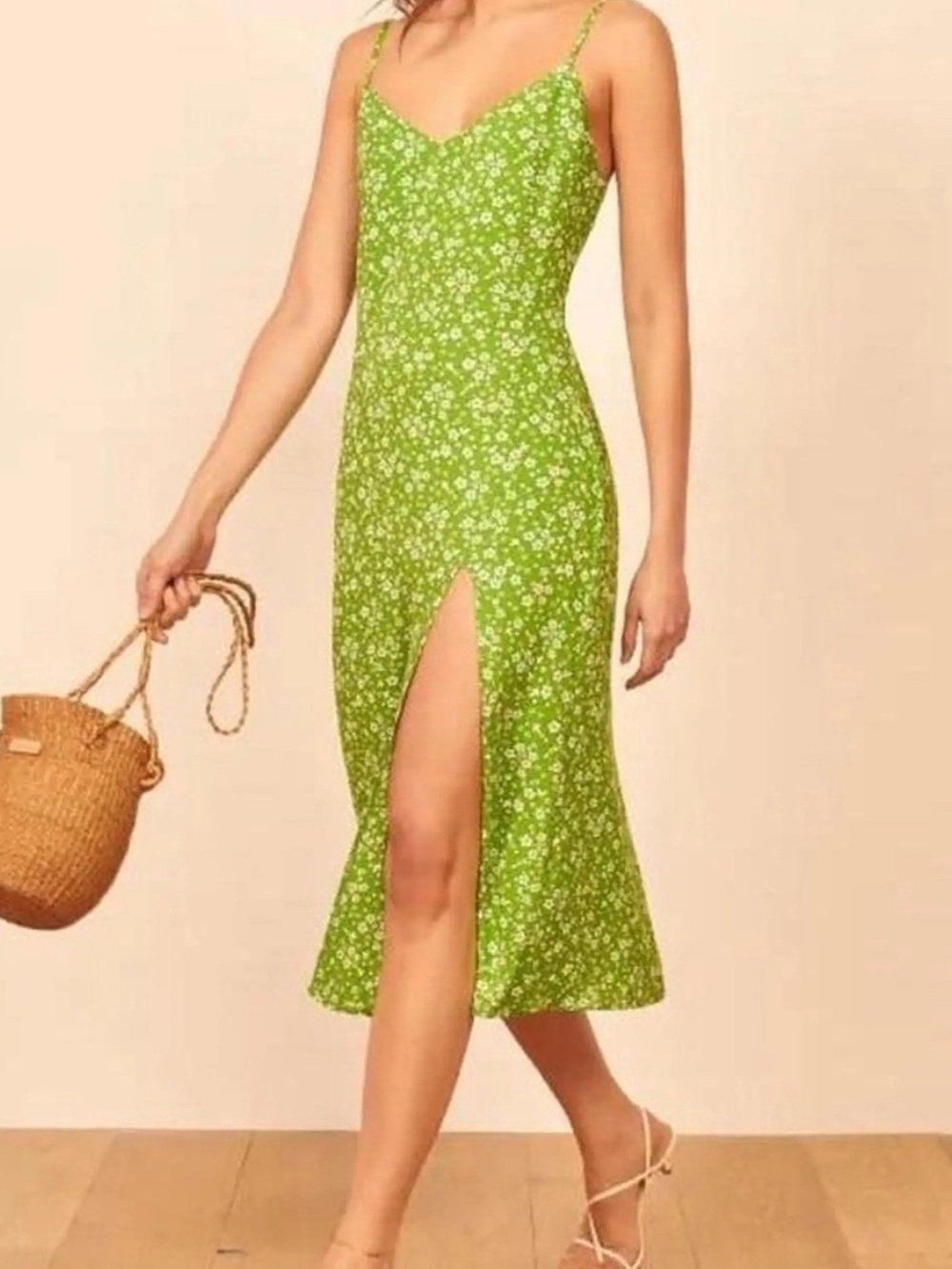 Reformation Women’s Halston Midi Dress in Floral Green - Size US 8 Slip Dress